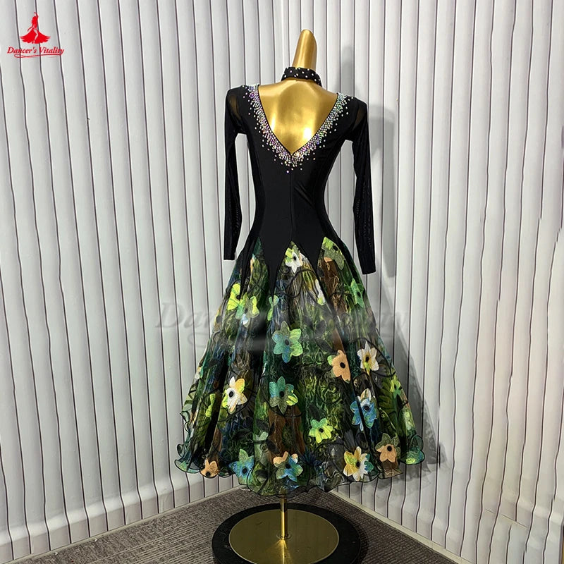 Women's Black Multi-Color Floral Ballroom Dance Dress with Long Sleeves and V-Neck Rhinestone Detail