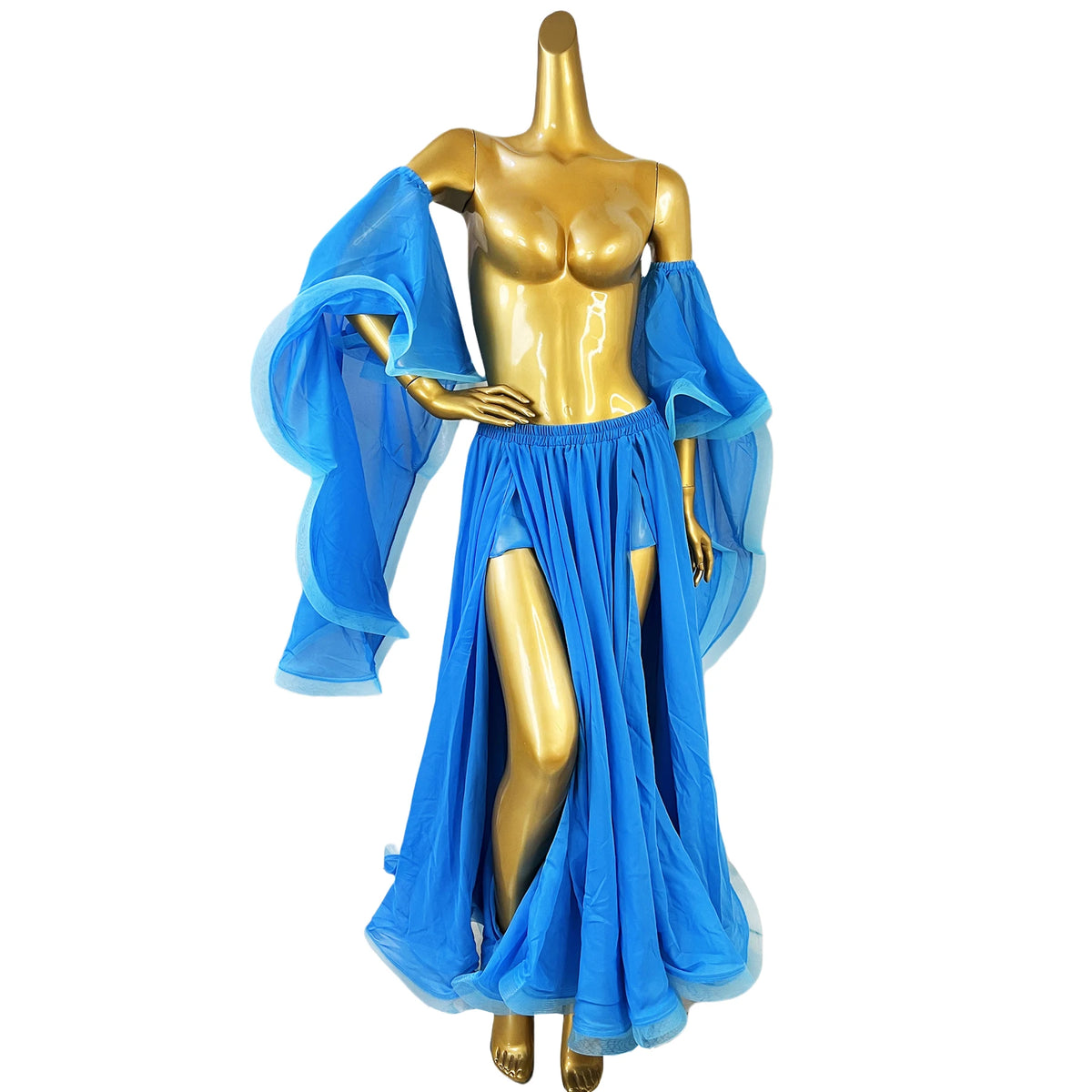 Belly Dance Costume, Women's Red Chiffon Long Sleeve Top and Slit Skirt Set, Performance Wear