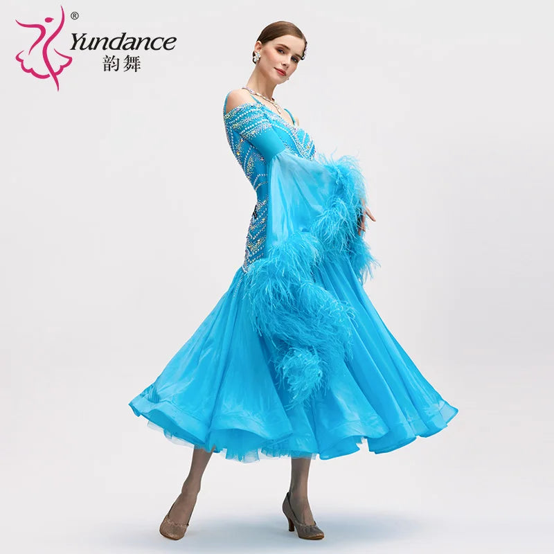 Women's Long Standard Ballroom Dance Dress With Rhinestones Satin Chiffon Blue For Competition