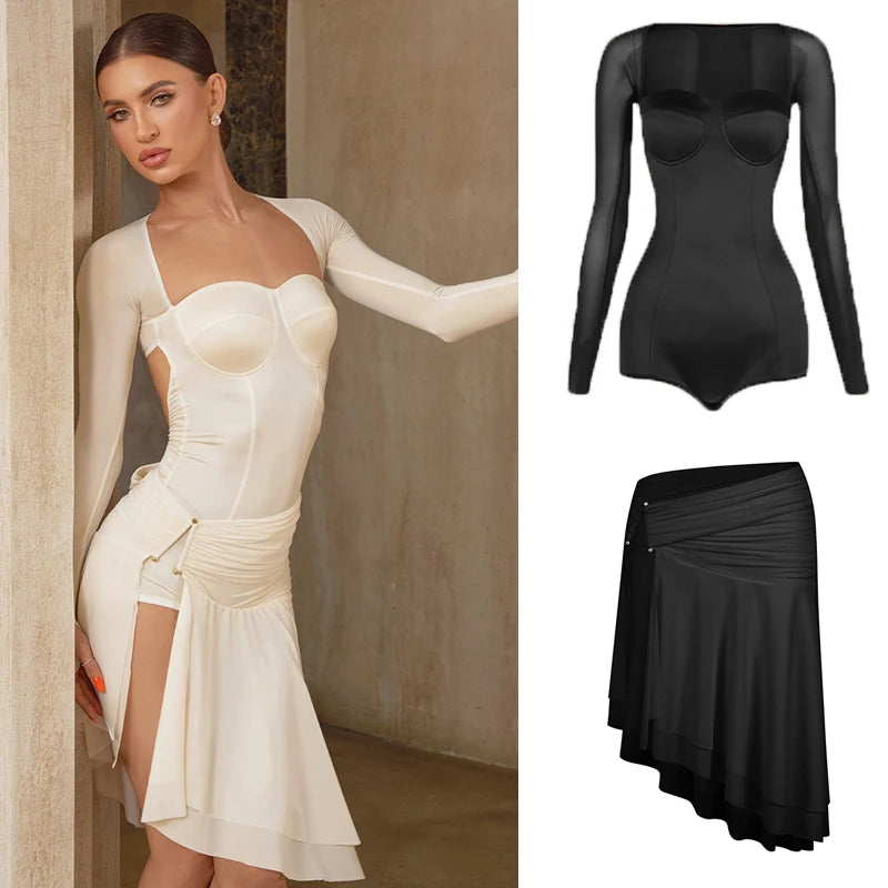 Women's White Long Sleeve Mesh Bodysuit & Asymmetrical Skirt Latin Dance Dress
