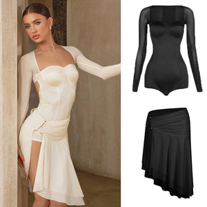 Women's White Long Sleeve Mesh Bodysuit & Asymmetrical Skirt Latin Dance Dress