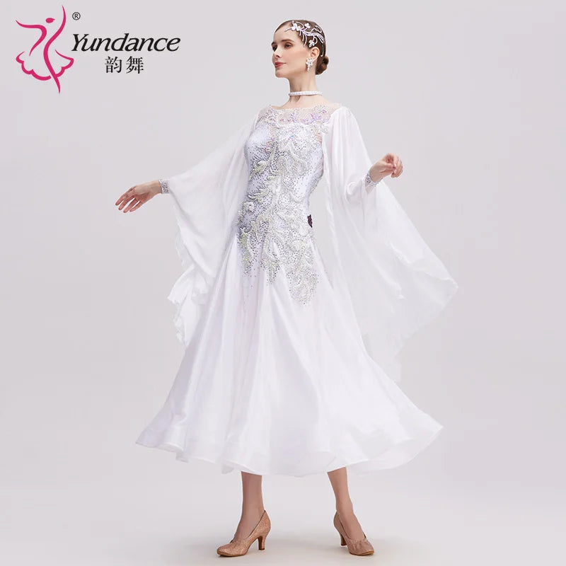 Women's Ballroom Dance Competition Dress In White Pearl Silk For Performance