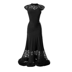 Ballroom Dance Dress Women Black Lace Ruched Long Skirt with Ruffles Latin Rhythm Smooth Standard