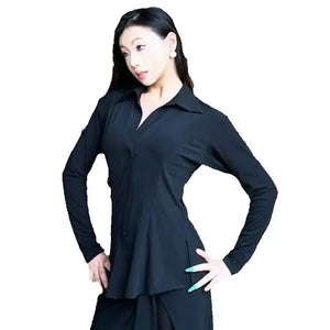 Women's Black Long Sleeve Collared Button-Up Dance Shirt with Slit Skirt - Latin Ballroom Performance Outfit