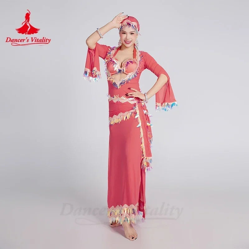Women's Belly Dance Baladi Saidi 4-Piece Costume Set With Robe, Bra, Headscarf, Hip Scarf For Competition
