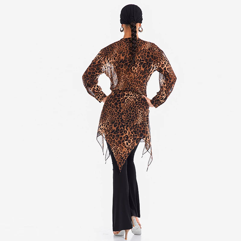 Women's Brown Leopard Print Chiffon Asymmetrical Tunic Top with Black Flare Dance Pants - Latin Ballroom