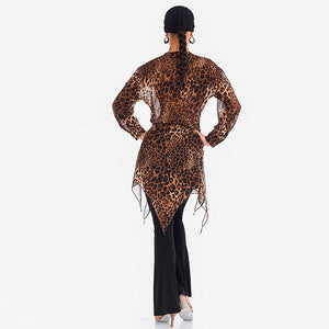 Women's Brown Leopard Print Chiffon Asymmetrical Tunic Top with Black Flare Dance Pants - Latin Ballroom