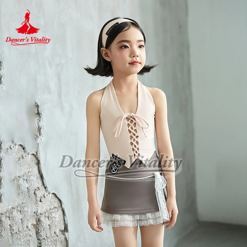 Girls' Pink Halter Crop Top and Grey Bell Bottom Dance Pants Set, Ruffled Waist, Lace-Up Front, Modern Dance