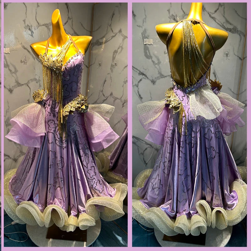 Women's Silver Ballroom Dance Dress with Beaded Bodice, Pearl Accents, and Flowing Chiffon Sleeves