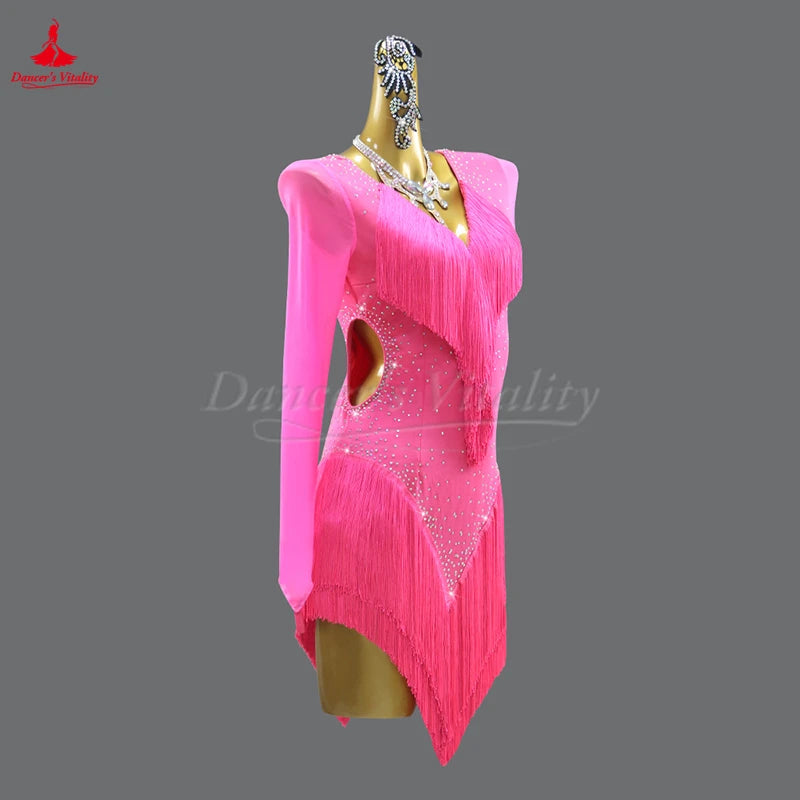 Latin Ballroom Dance Costume With Tassel And Long Sleeves For Adults And Kids Competition