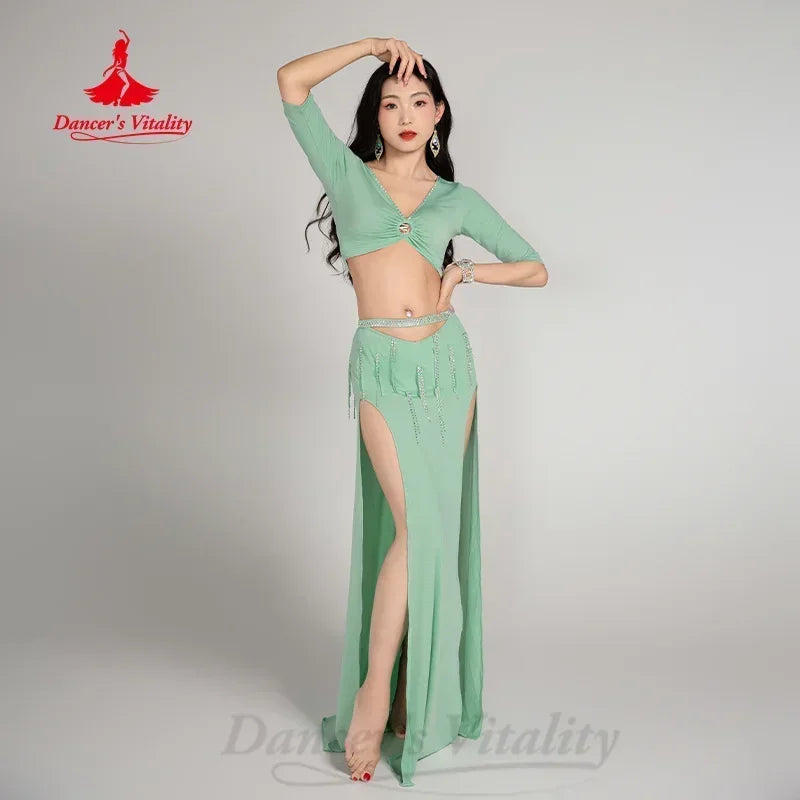 Women's Belly Dance Practice Set V-Neck Half-Sleeve Top and Long Split Skirt 2-Piece