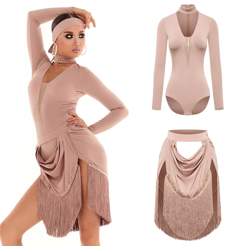 Women's Nude Long Sleeve Mesh Latin Dance Bodysuit with Fringe Skirt