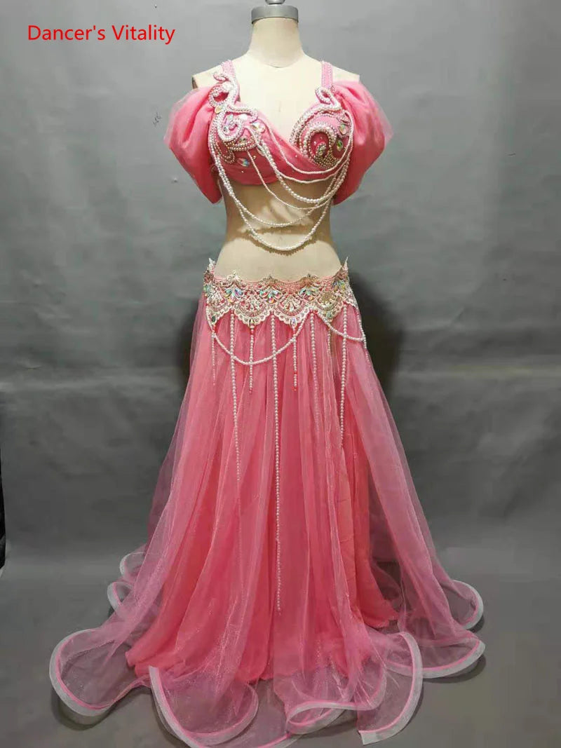 Belly Dance Costume Women's Lavender Chiffon Off-Shoulder Top with Embellished Bra & Long Skirt Set for Performance