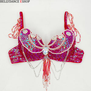 Women's Red Sequin & Pearl Beaded Belly Dance Bra Top with Shoulder & Waist Chains