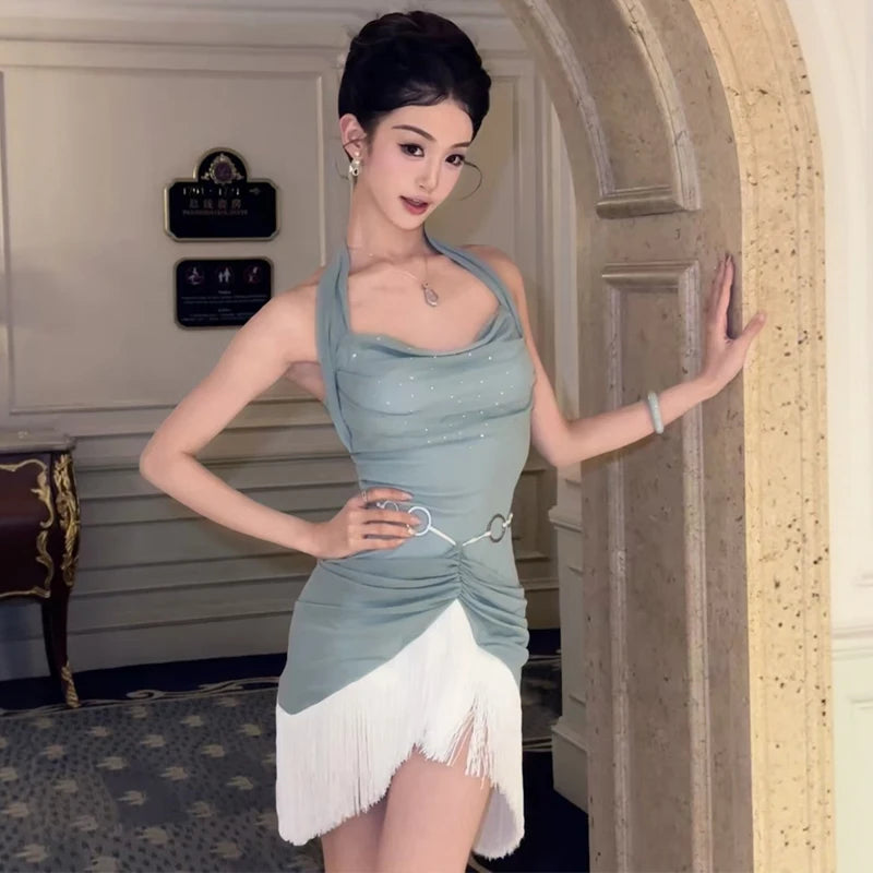 Women's Sage Green Halter Cowl Neck Ruched Fringe Mini Latin Dance Dress