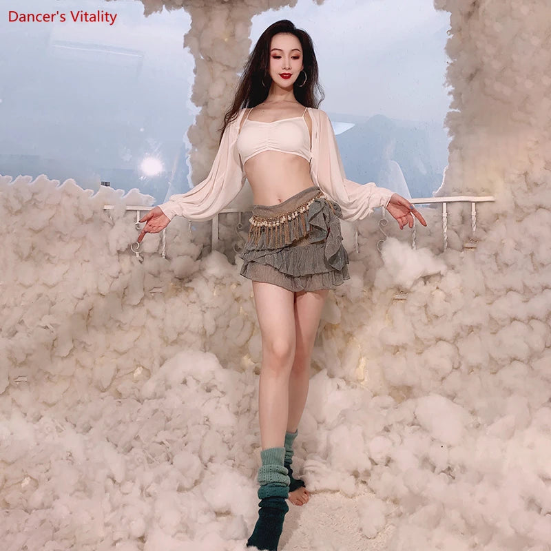 Women's Green Floral Chiffon Mesh Long Sleeve Belly Dance Set