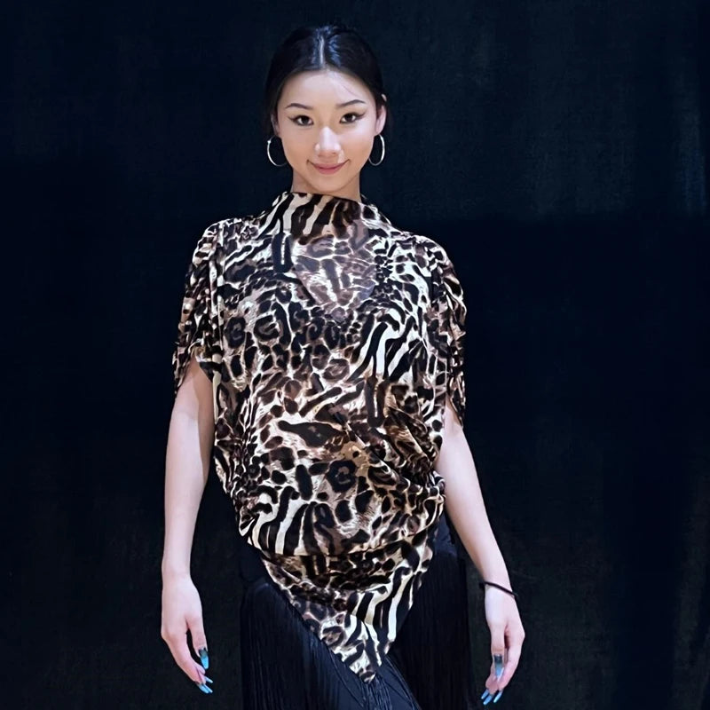 Women's Brown Leopard Print Off-Shoulder Batwing Sleeve Latin Dance Top