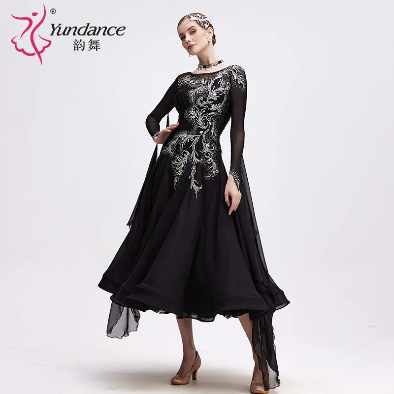 Women's Standard Ballroom Dance Dress Long Black Chiffon For Competition