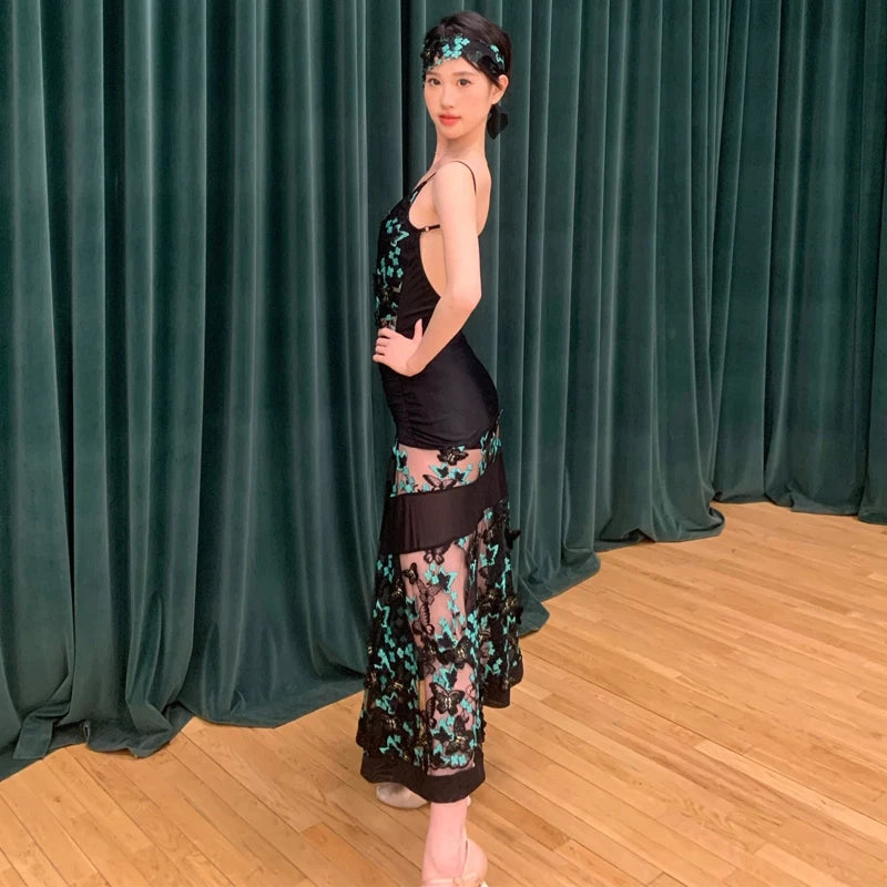 Women's Black Mesh Butterfly Appliqué Ruched Slit Backless Latin Dance Dress