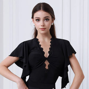Women's Brown V-Neck Ruffle Sleeve Ruched Ballroom Dance Dress, Women's Black V-Neck Ruffle Sleeve Lace Pleated Hem Ballroom Dance Dress