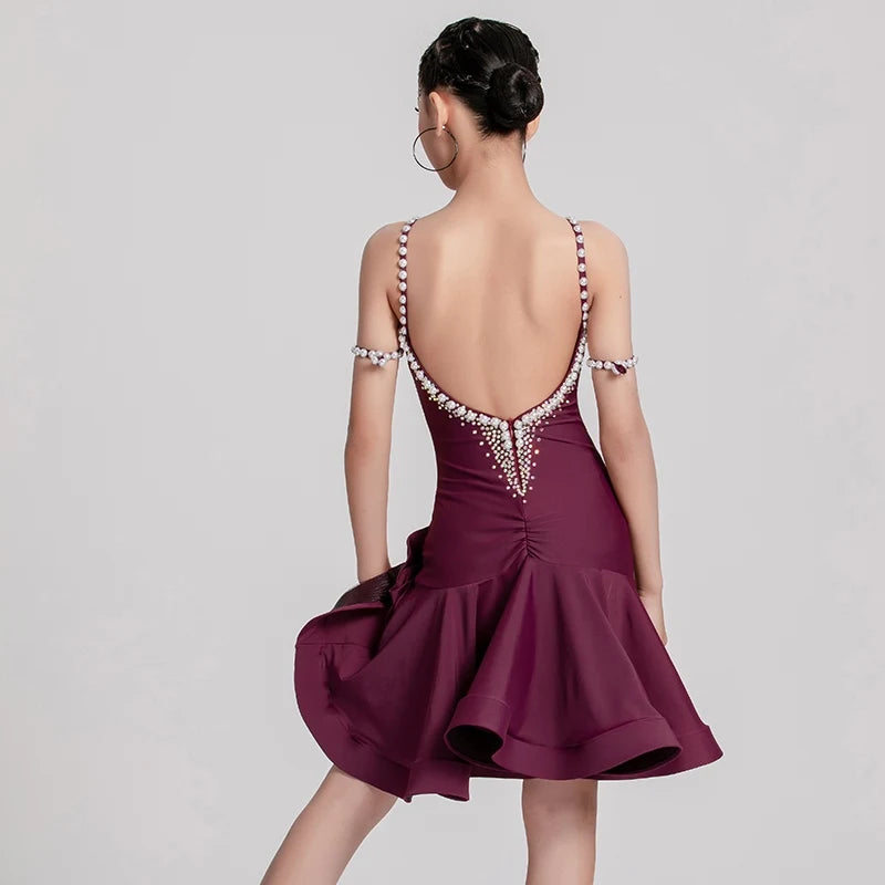 Girls' Burgundy Embellished Beaded Ruffle Latin Dance Dress with Floral Detail