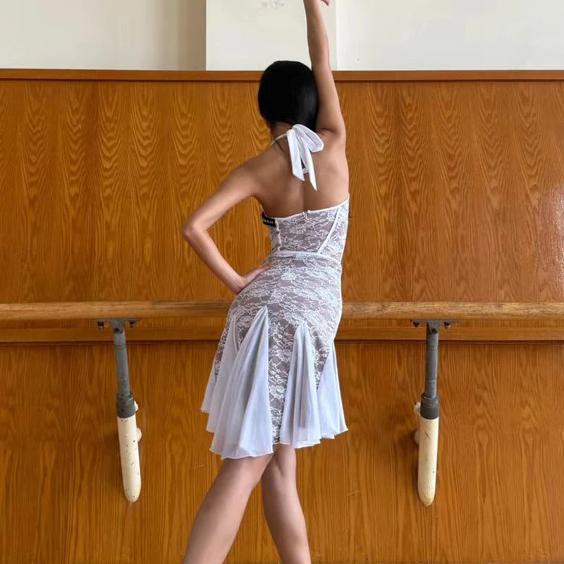 Women's White Lace Halterneck Corset Mini Dress with Pleated Skirt Latin Dancewear