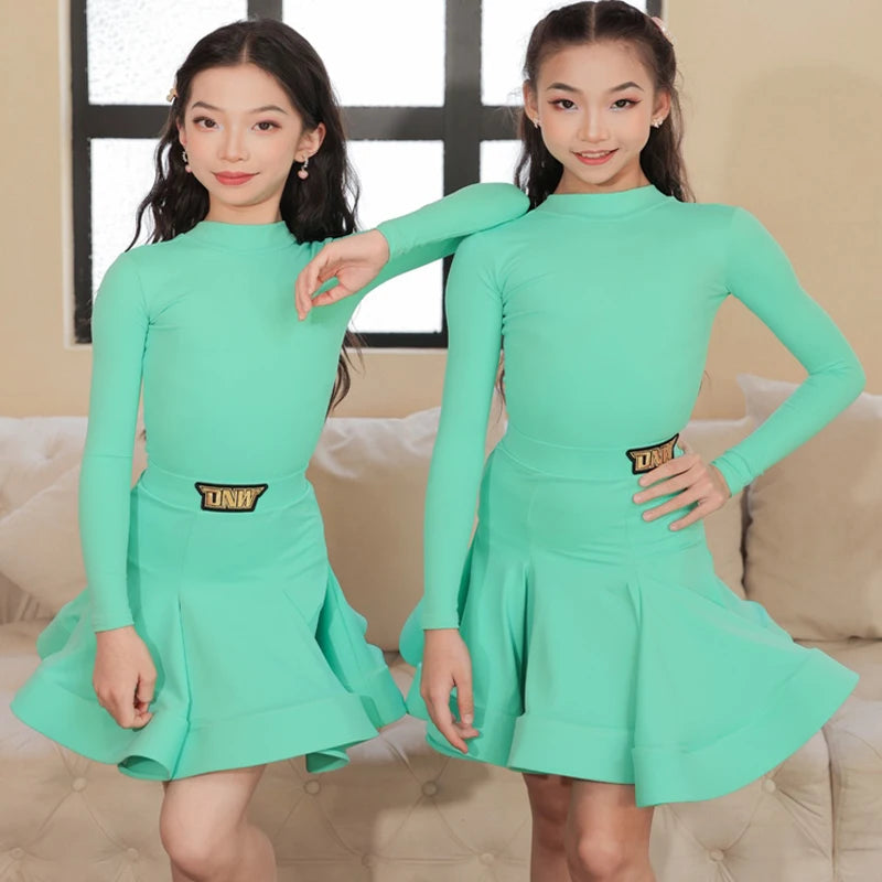 Girls' Neon Green Long Sleeve Mock Neck Pleated Skirt Latin Dance Dress
