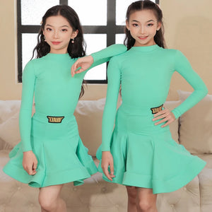 Girls' Neon Green Long Sleeve Mock Neck Pleated Skirt Latin Dance Dress