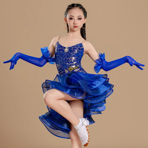 Latin Dance Dress Girls Red Leopard Print Ruffled Sleeveless Spandex Ballroom Costume, Latin Dance Dress Girls Blue Leopard Print Ruffled Sleeveless Spandex Ballroom Costume