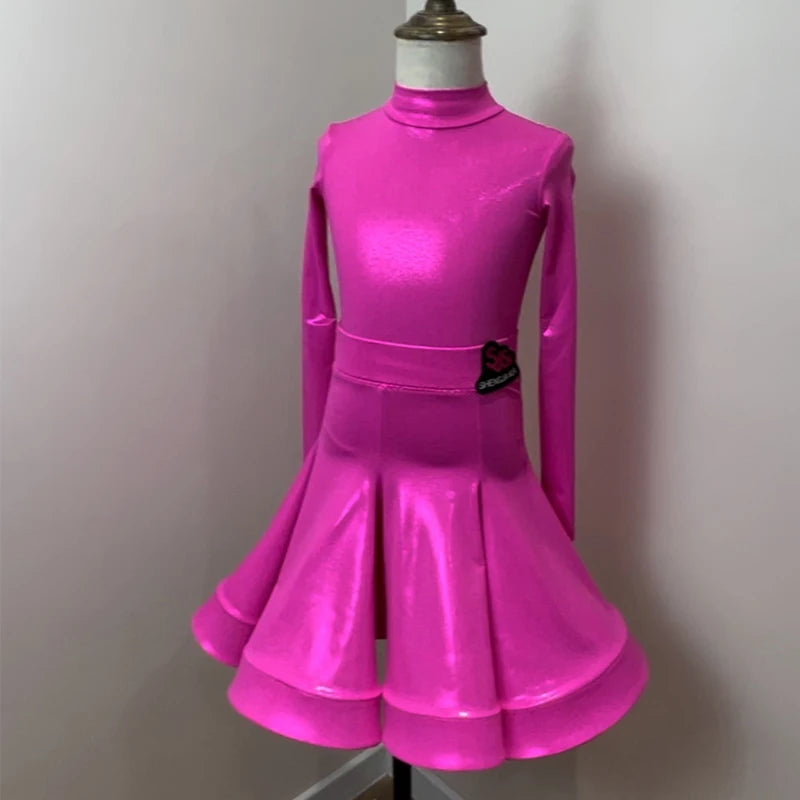 Girls' Silver Shimmer Mock Neck Short Sleeve Ruffled Latin Ballroom Dance Dress