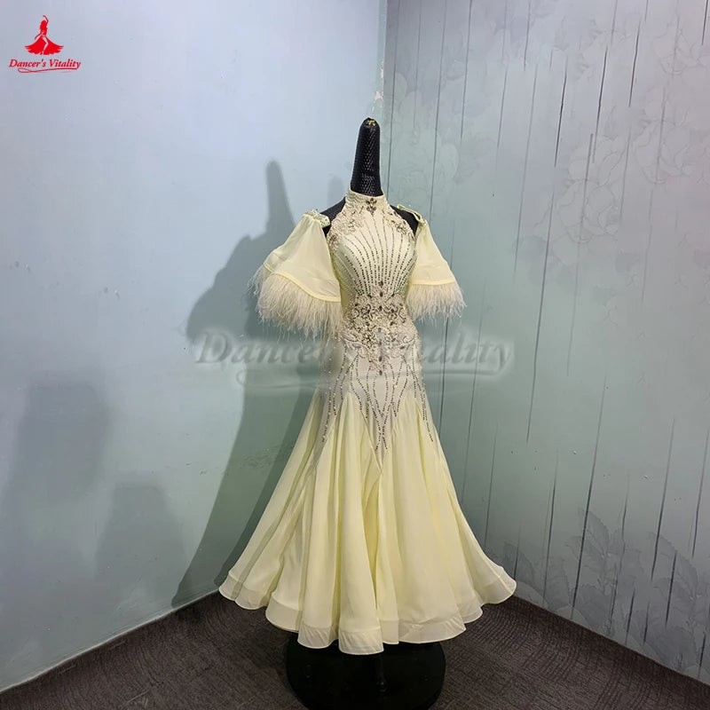Women's Standard Ballroom Dance Dress With Full Swing Skirt Light Yellow For Competition