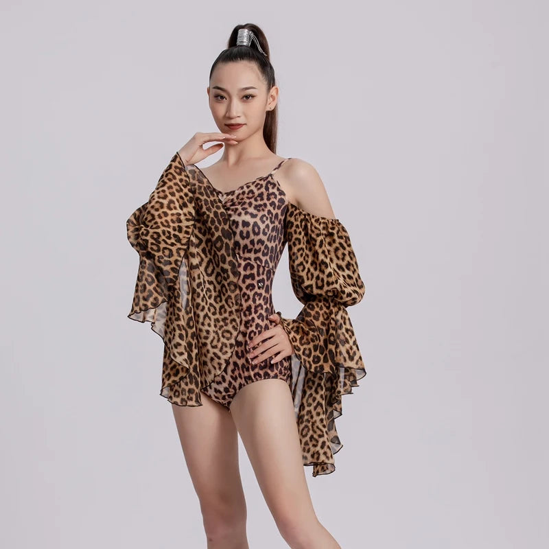 Dance Leotard Women's Leopard Print Off-Shoulder Ruffled Long Sleeve Spandex Latin Dance Bodysuit