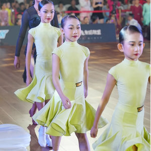 Girls Aqua Blue Ruffled Latin Dance Dress with Mock Neck, Short Sleeves, and Gold Buckle Detail, Ballroom Dancewear