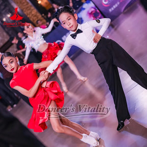 Kids Latin Dance Dress Red Short Sleeve Ruffled Skirt Performance Ballroom Competition Costume