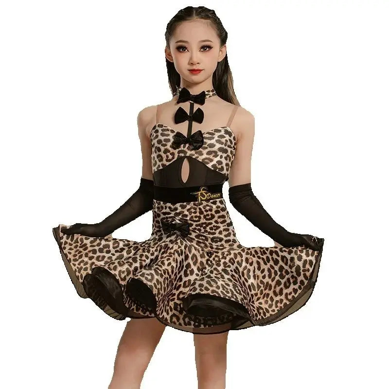 Girls Leopard Print Mesh Latin Dance Dress with Gloves