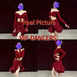 Women's Burgundy & Black Off-Shoulder Crop Top & Ruffled Skirt Latin Dance Costume Set
