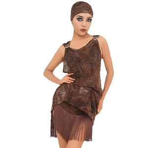 Women's Brown & Black Zebra Print Fringe Latin Dance Dress