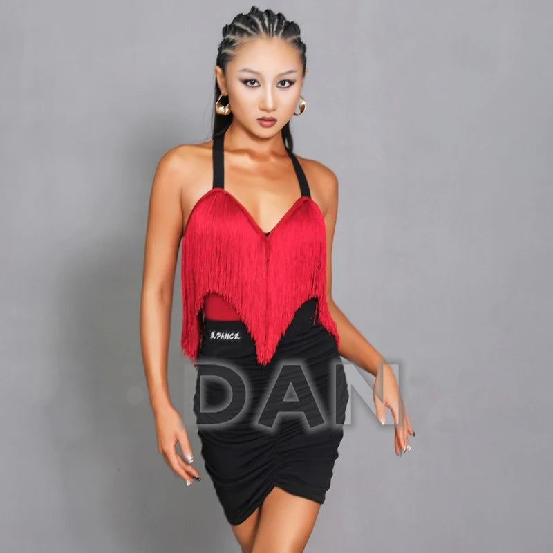 Latin Dance Dress Women's Black/Red/Brown/Beige Fringe Halter Ruched Mini Dress