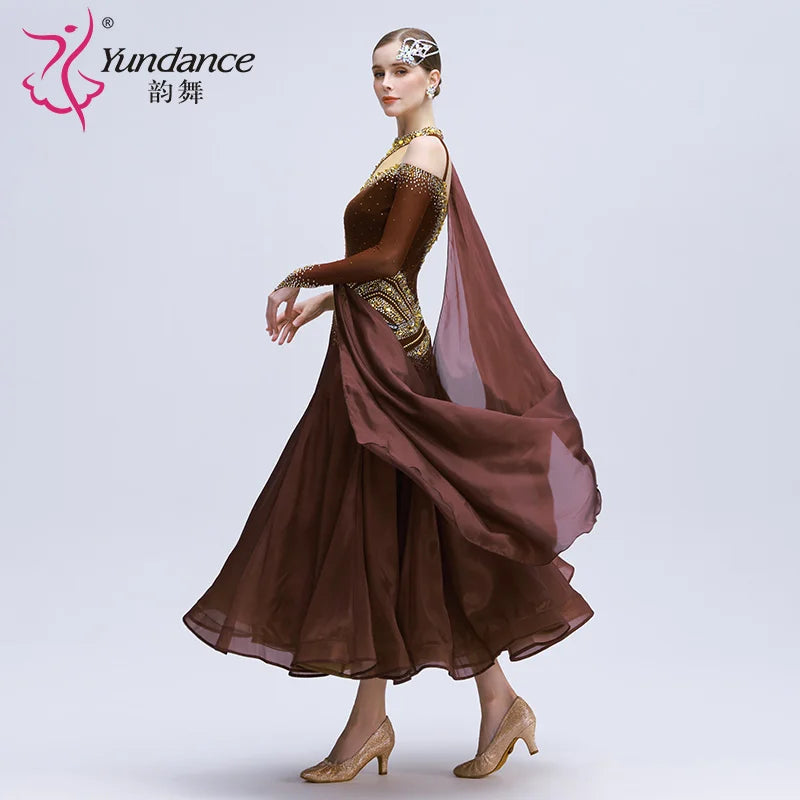 Women's Standard Ballroom Dance Dress With Rhinestones Long Chiffon Coffee For Competition