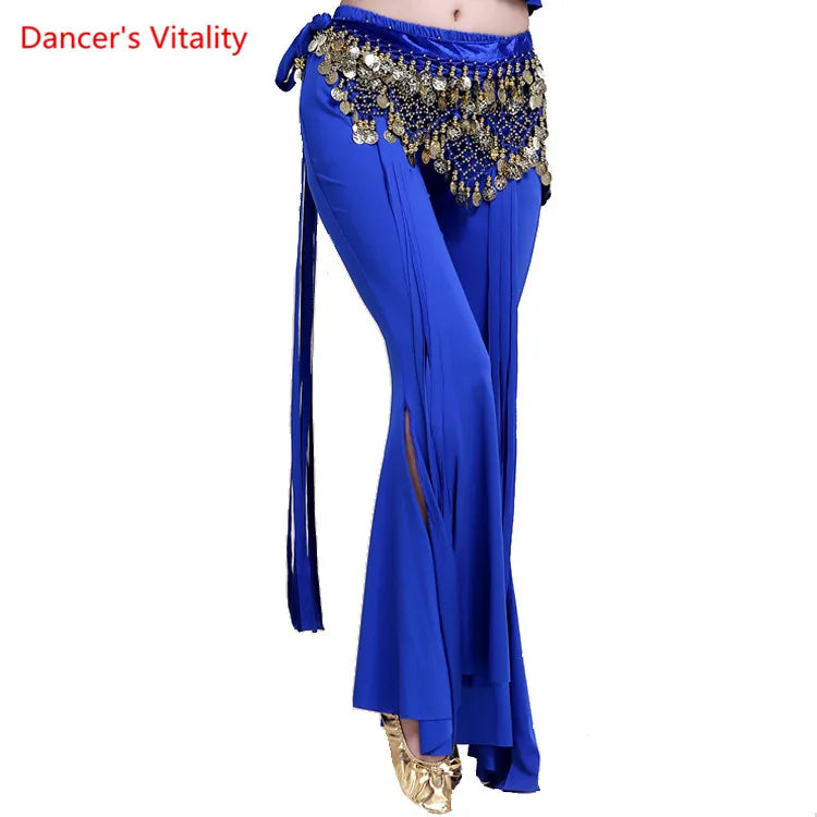 Belly Dance Pants Women's Yellow Sequin Hip Scarf Bell Bottom Slit Leg Pants for Oriental Dance Performance