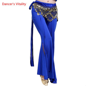 Belly Dance Pants Women's Yellow Sequin Hip Scarf Bell Bottom Slit Leg Pants for Oriental Dance Performance