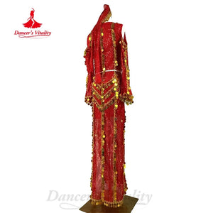 Women's Red Sequin & Gold Coin Belly Dance Dress with Hood