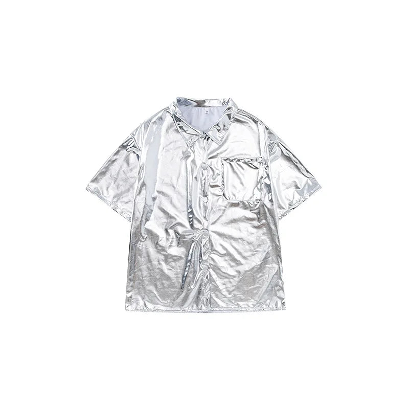 Kids' Silver Metallic Hip Hop Dance Costume Set, Loose Fit Short Sleeve Shirt & Cargo Pants