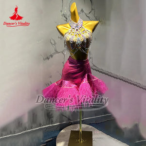 Latin Dance Dress Women Hot Pink Rhinestone Feather Halter Bodysuit & Skirt Set