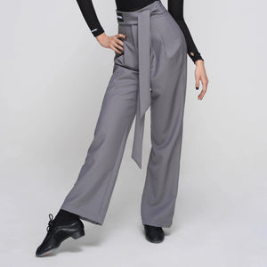 Women's Off-Shoulder Long Sleeve Dance Top, White, Black, or Tan, with High-Waisted Wide Leg Trousers, Brown, Grey, or Black, for Latin Ballroom Dance