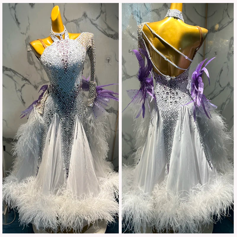 Ballroom Dance Dress Women's White & Silver Rhinestone & Feather One-Sleeve Latin/Rhythm Competition Gown