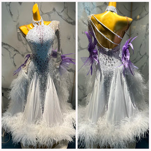 Ballroom Dance Dress Women's White & Silver Rhinestone & Feather One-Sleeve Latin/Rhythm Competition Gown