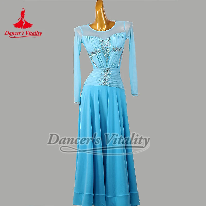 Women's Blue Ballroom Dance Dress, Long Sleeve Mesh Neckline, Ruched Bodice, Crystal Embellishments, Full Skirt