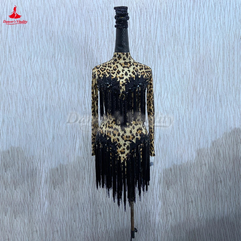 Women's Latin Dance Competition Dress With Tassel, Long Sleeves, Leopard Print