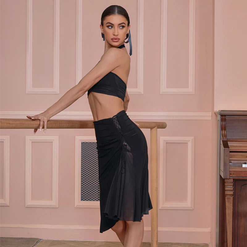 Women's Black Halter Neck Ruched Crop Top & Side Drawstring Ruffle Hem Skirt Latin Dancewear Set